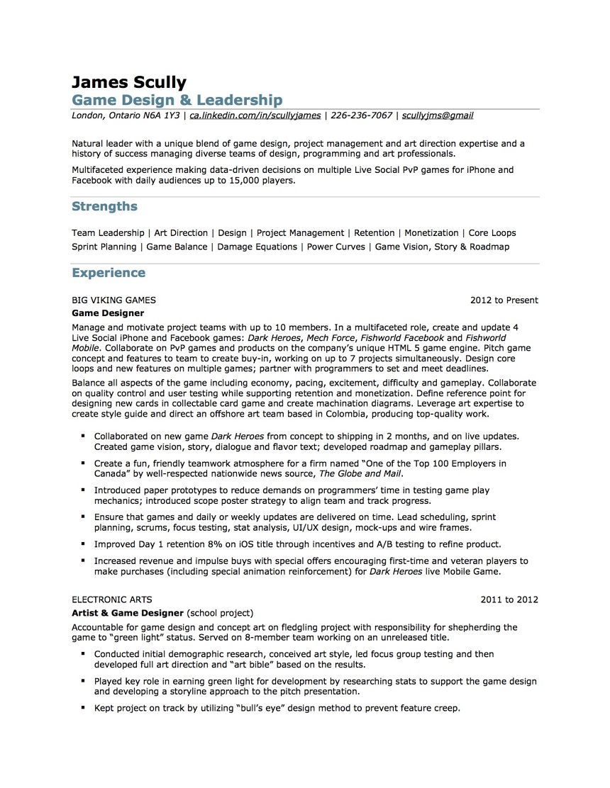 video game designer resume